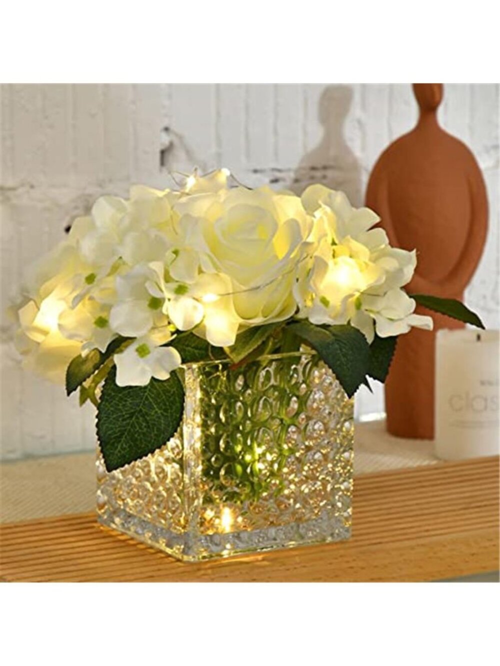 Artificial Rose Arrangement Glass Vase Centerpiece LED Lights Home Decor